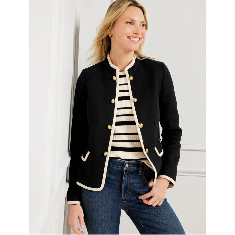 Talbots sz 12 petite military jacket black cream blazer gold buttons